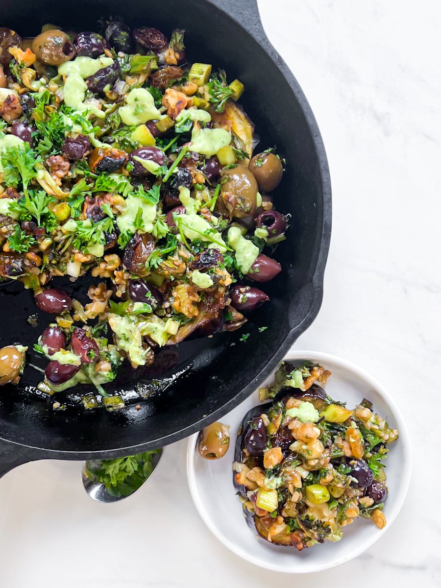 Mediterranean olive in a cast iron.