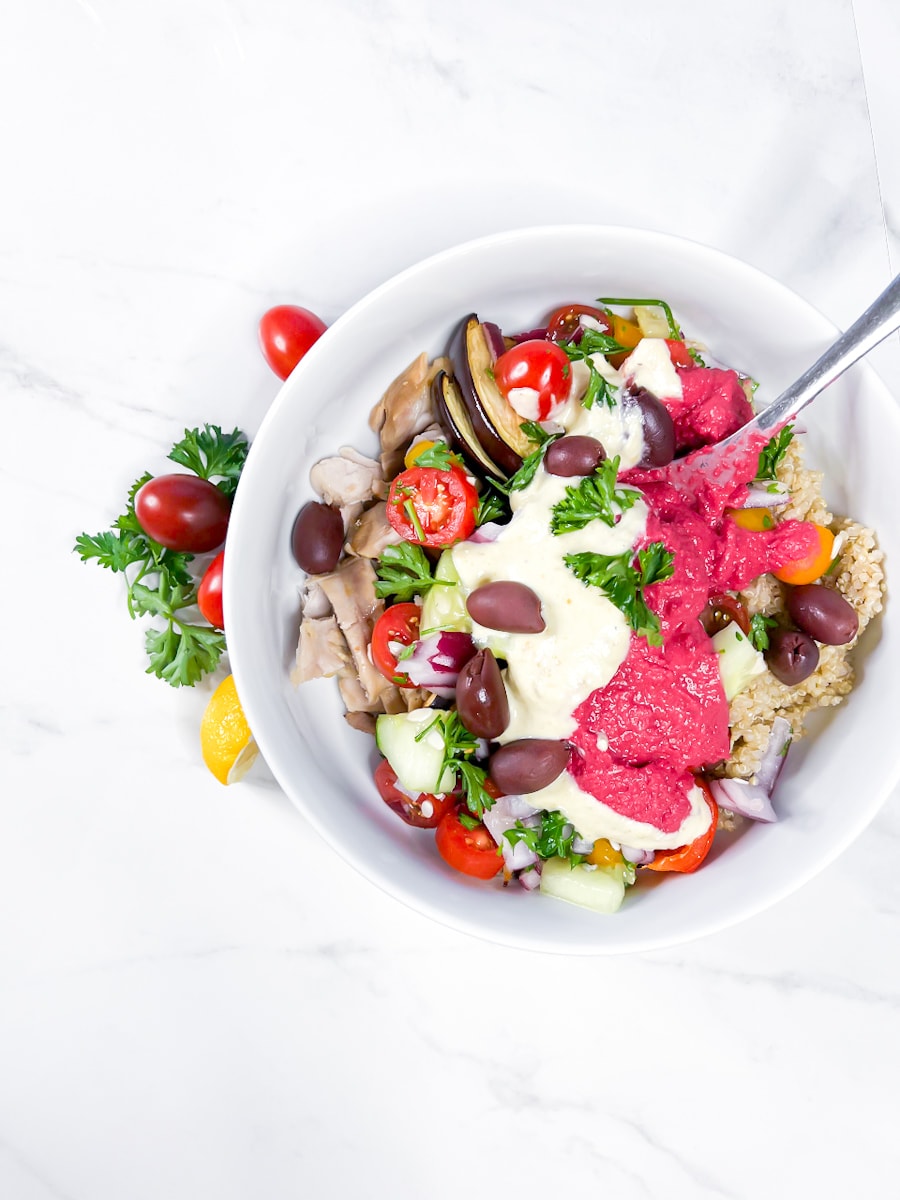 Mediterranean grain bowls with beet hummus.