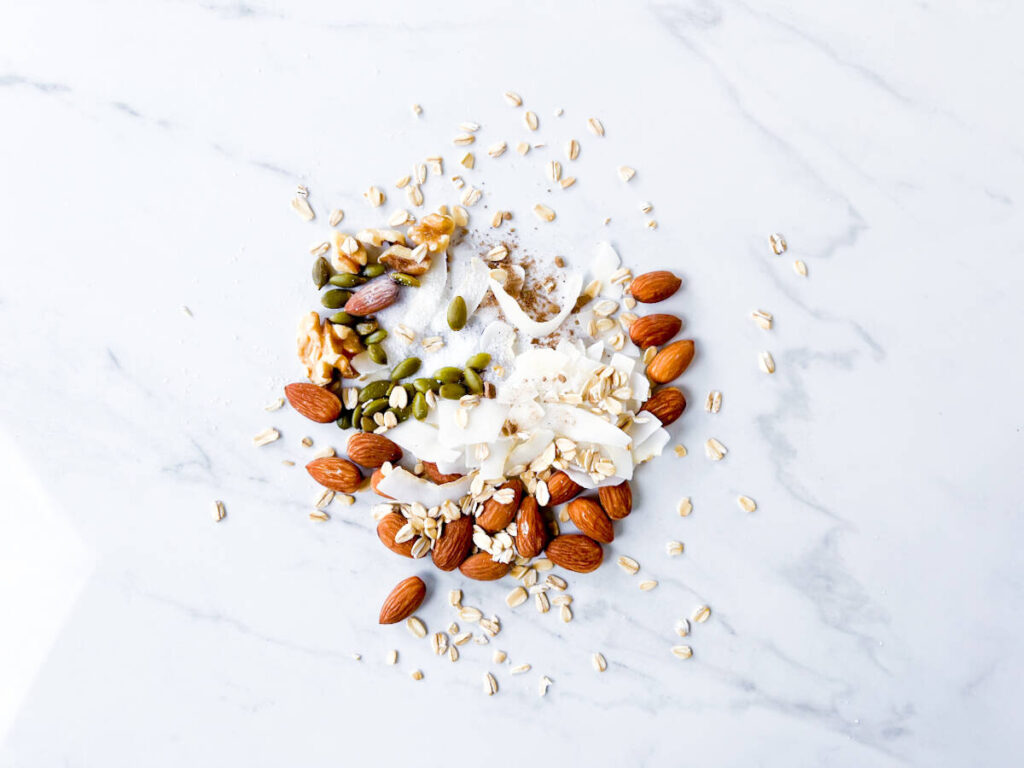 Pan toasted coconut granola ingredients.